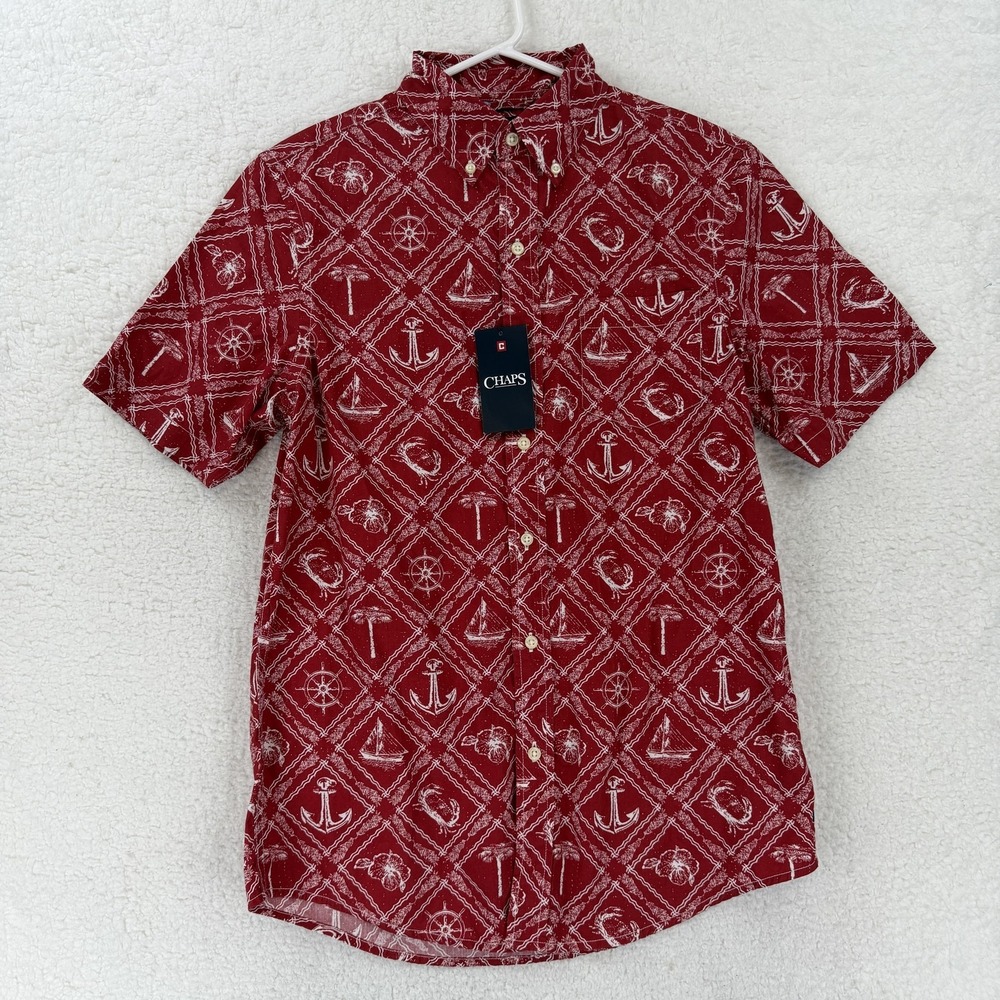 Chaps Shirt Mens Small Red Nautical Graphic Short Sleeve Button Front Boat NWT